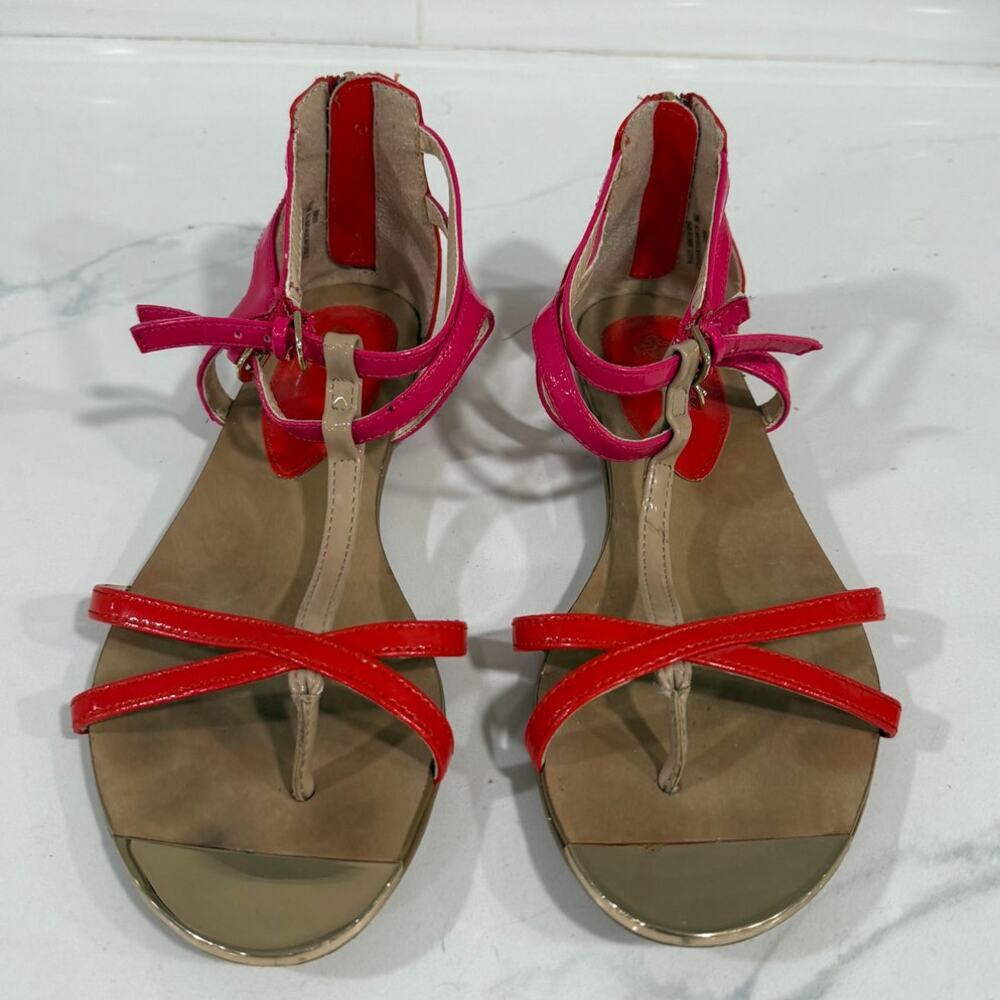 Isola Women’s Sandals 7.5 Red Pink Patent Leather Ankle Strap Flat Dressy Buckle